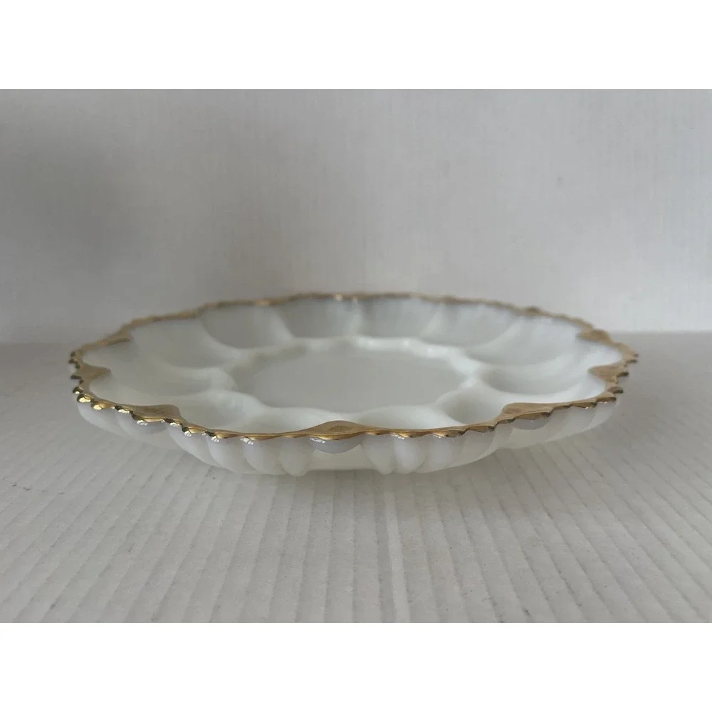Vintage Anchor Hocking Fire-King Milk Glass Deviled Egg Plate Gold Trim 10